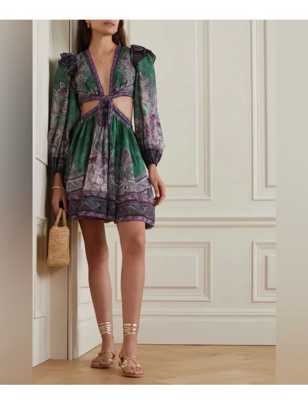 Zimmermann Green & Purple Paisley Cutout Mini Dress